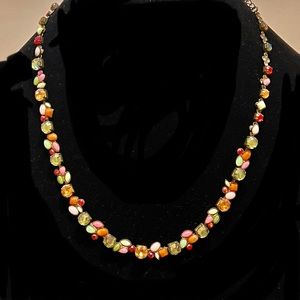 Bella Lia 15” Multicolored stone necklace in dark gold metal setting, Never Worn
